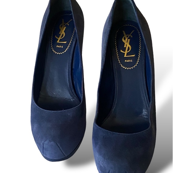 YSL Yves Saint Laurent Trib Navy Blue Suede Heels Pumps Size  7.5 US. 37 1/2EU - Picture 3 of 13